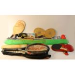 Two stunt kites together with sporting equipment to include, cricket bat & balls, tennis rackets and