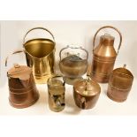 A collection of copper and brass housewares to include, coal scuttles, hot water jug, watering