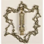 A WWI Special Constable The Metropolitan Whistle, dated 1914, patent number 5727.08, chain