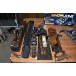 A selection of wood working tools including hand plane Spear and Jackson saw and large float
