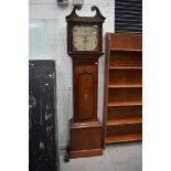 A composite part oak long case clock, oversized dial or undersized case, 30 hour movement with