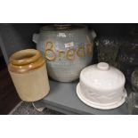 A selection of ceramics including cheese dome and bread container