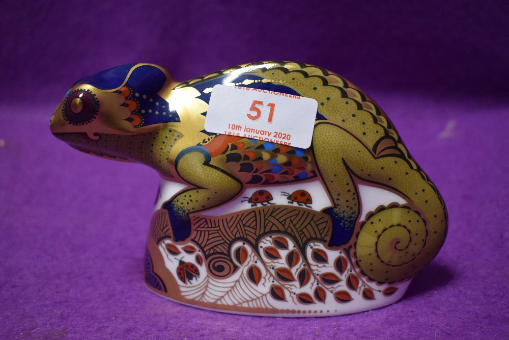 A Royal Crown Derby paperweight Chameleon with gold stopper