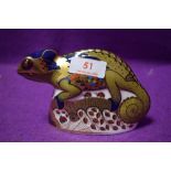 A Royal Crown Derby paperweight Chameleon with gold stopper