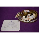 A Royal Crown Derby paperweight Crocodile with gold stopper and certificate