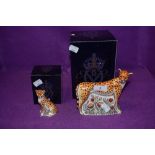 Two Royal Crown Derby paperweights. Leopardess and Leopard Cub, both boxed and with gold stoppers