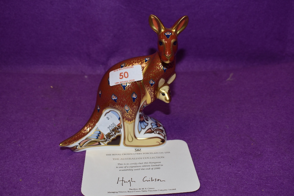 A Royal Crown Derby paperweight Kangaroo with gold stopper and certificate