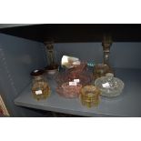 A selection of art deco glass wares including pink dressing table set and yellow stripped similar