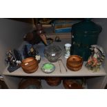 A mixed lot of items including wooden bowls,ceramic bread bin, Maling ware ashtray and more.