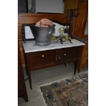 An Edwardian mahogany and inlaid wash stand having grey marble top and back, width approx. 107cm