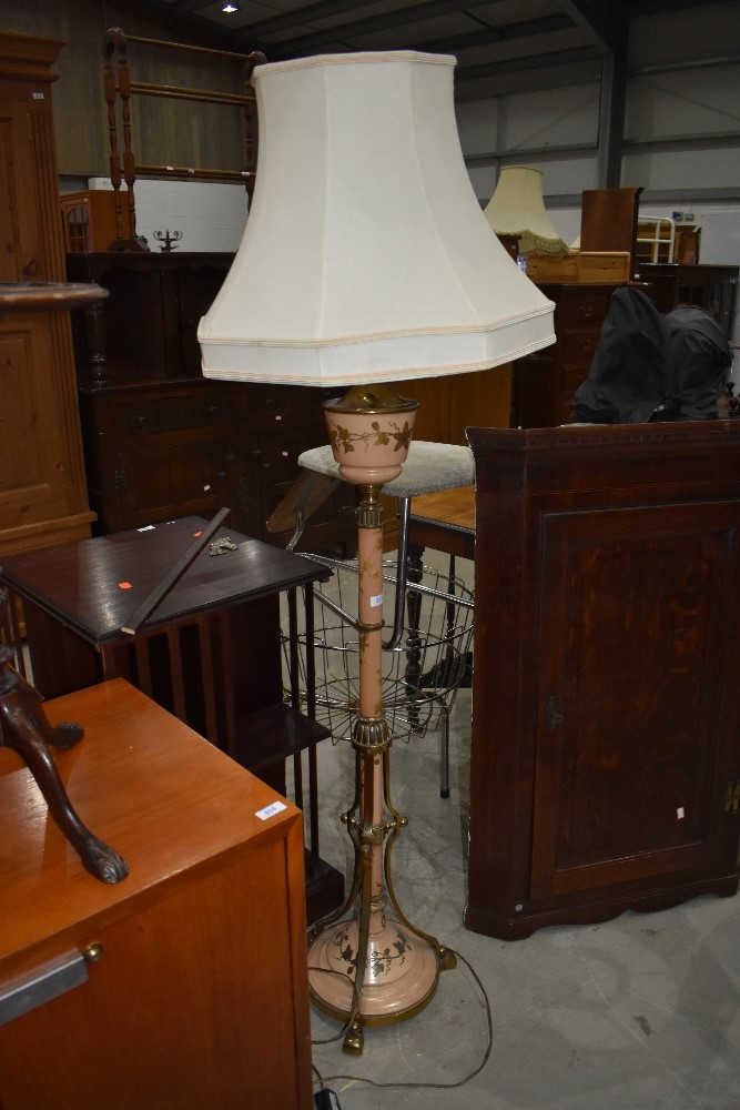 A vintage ceramic and brass standard lamp, having cloisonne style decoration , possibly converted