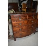 A Victorian mahogany bow fronted chest of two over three drawers , bit of sun bleach to the top,
