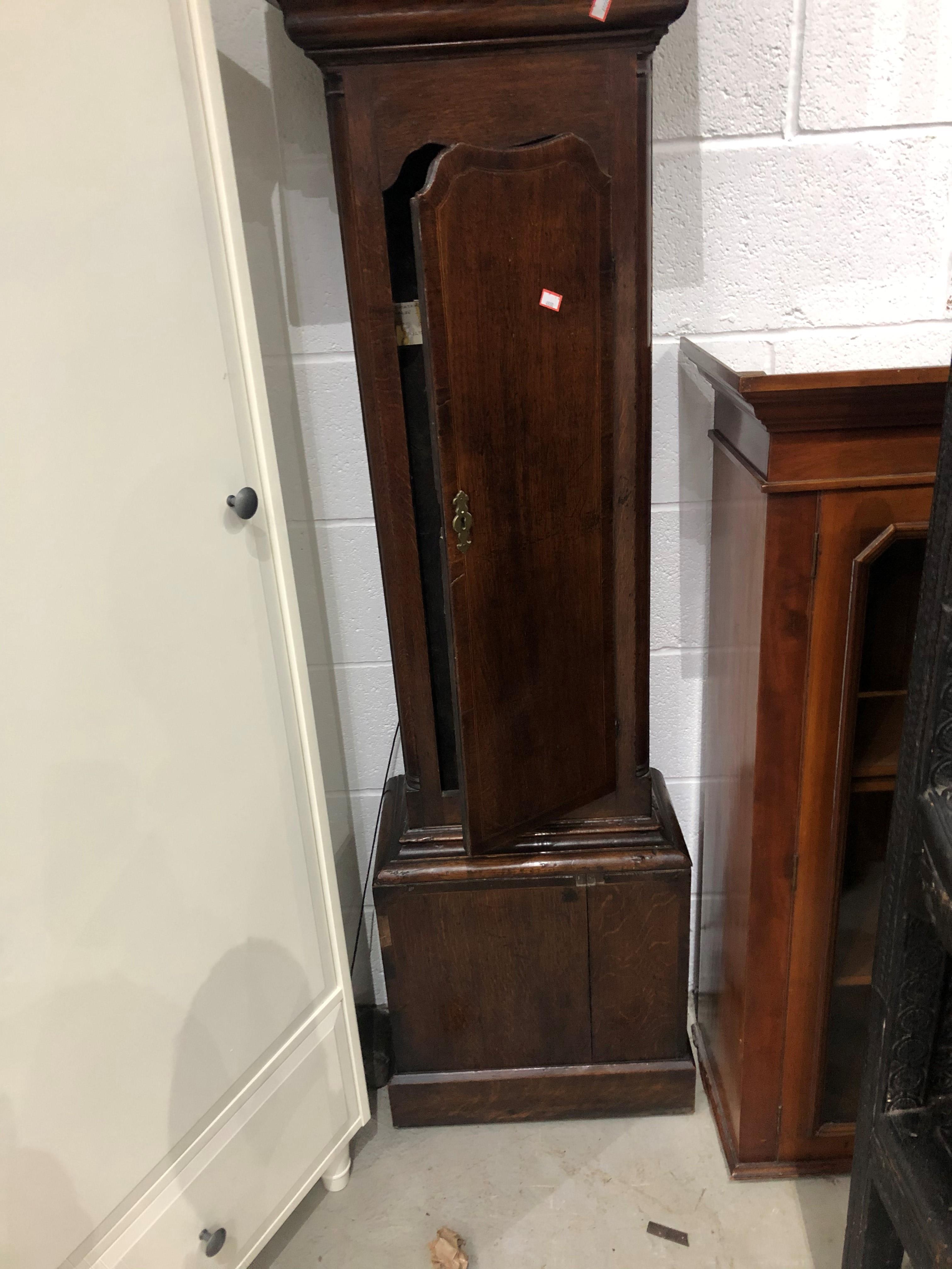 An oak long case clock, having brass dial with 30 hour movement, named Lomas , Poolton, with figural - Image 2 of 4