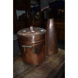 A traditional copper tea urn, stamped Kelly and Son, Edinburgh and a large copper funnel