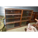 A pair of vintage dark oak office style stacking bookcases, with sliding doors, each width approx.