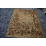 An antique woven tapestry or similar having hunting theme of dogs and birds.