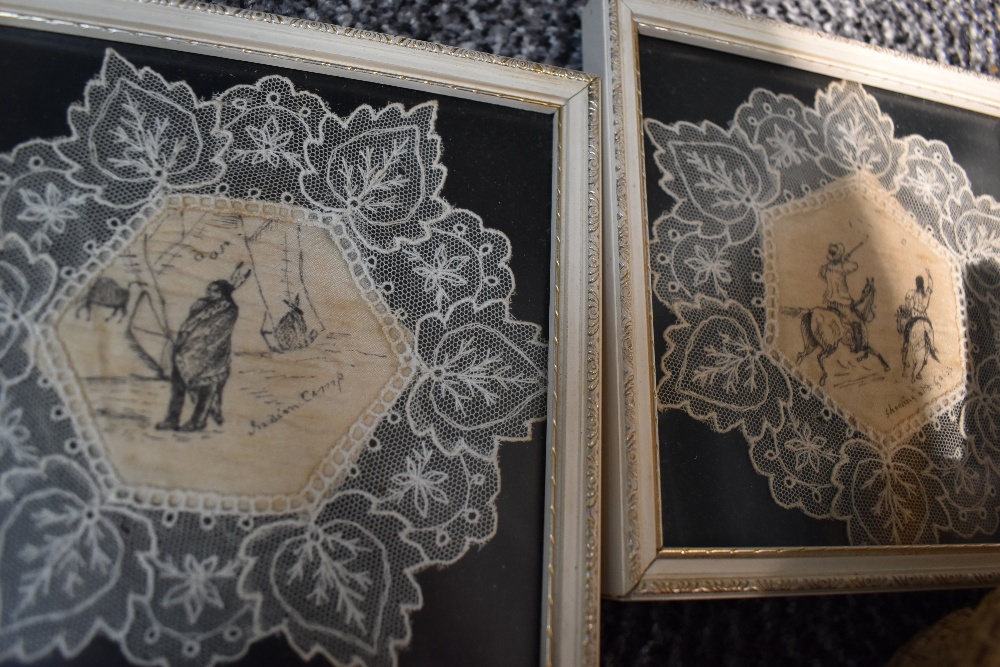 A collection of hat pins, gloves, handkerchiefs and other accessories, including two framed lace - Image 2 of 3