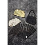 Three vintage evening bags and a late 19th/early 20tch century black gauze fan having spangles