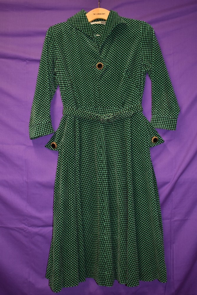 A vintage 1950s Peggy page dress in green and black checked corduroy with belt and contrasting