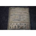 An antique embroidery sampler by Jane Bates,dating to 1791,loosely mounted on board, some wear in