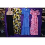 Three vibrant 1970s maxi dresses in various sizes also included is a jump suit.