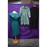 Three vintage dresses, including tailored green wool dress with large sailor collar,black 1950s wool