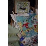 A box of vintage handkerchiefs including advertising souvenir/commemorative, hosiery case in box and