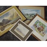 Four prints, after Brathwaite, The Wayside Halt, signed, 18 x 25cm, after Hawkes, Bardsea, signed,