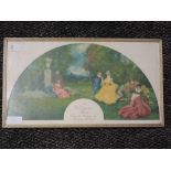 A print on silk, after, Dudley Hardy, A Watteau fan, attributed verso, dated 1897, 20 x 37cm, framed