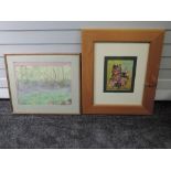 A watercolour, woodland meadow, 32 x 42cm, framed and glazed, and an oil painting, Sam, still