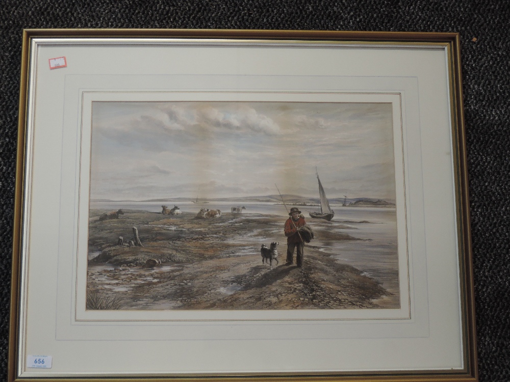 A print, estuary landscape, 31 x 45cm, framed and glazed