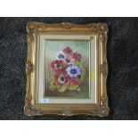 An oil painting on board, still life, signed, 29 x 18cm, framed and glazed