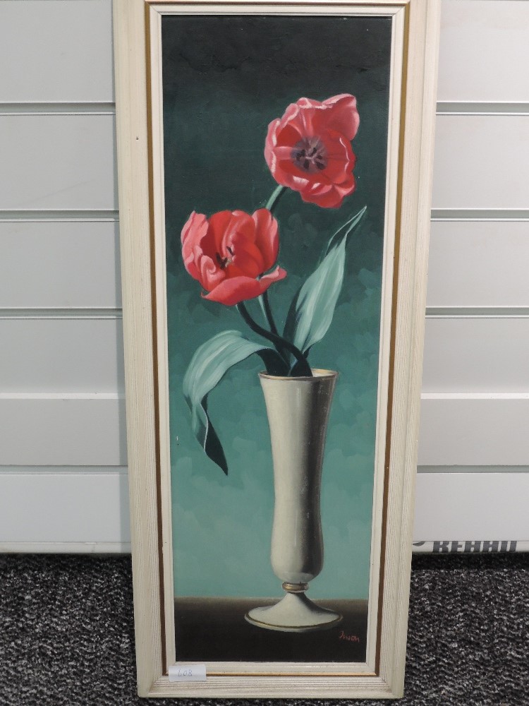 An oil painting, Tusan, tulips in a vase, signed, 60 x 18cm, framed