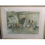 A print after William Russell Flint, Spanish ladies in cloister, signed, 42 x 54cm, framed and