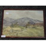 A watercolour, mountainous country landscape, 25 x 35cm, framed and glazed