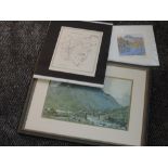 A print, after Williamson, Blea Tarn and the Langdales, signed, 14 x 14cm, a print after Heaton