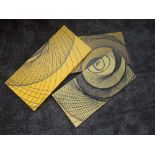 Three oil paintings, stylised yellow spirograph, each 70 x 30cm or 30 x 70cm