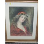 A print, after A Asti, portrait study young woman, 55 x 40cm, framed and glazed