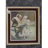 An oil painting on board, attributed to Tuson, lillies, signed and dated 1962 verso, 27 x 32cm,