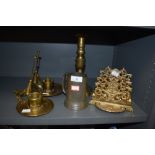 A collection of items including brass letter rack,candle stick holders with snuffers and a tankard.