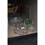 A selection of clear cut and colour glass wares including fruit bowls vase and tray