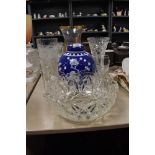 A variety of glass including fruit bowl,vases and more, also a blue and white ginger jar.