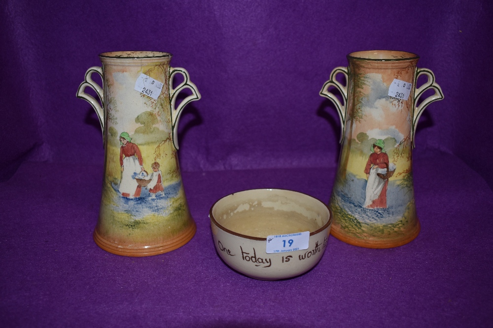 Two Royal Doulton fan handled vases,featuring two of different designs, one depicting woman with