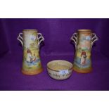 Two Royal Doulton fan handled vases,featuring two of different designs, one depicting woman with