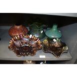 A selection of art glass including two pressed carnival bowls two squat mottled vase and Loetz