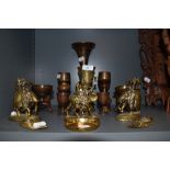 A selection of brass wares including two finely cast in brass and detailed Burmese elephants