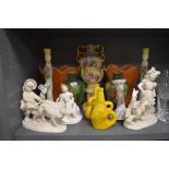 A selection of ceramics including two Italian lamp bases and yellow lava style Bretby vase