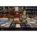 A selection of table wares including butlers tray boxed cutlery and jewellery case