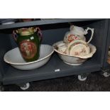 A selection of ceramic toiletries including wash stand set and twin handle vase