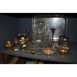 A mix of metal ware and glass including graded Brass pigs,ash tray, cruet set and more.